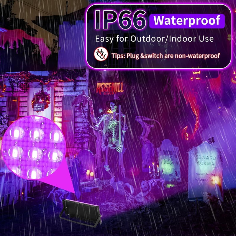 YAYIT أضواء سوداء 50 واط مع مفتاح + قابس، مقاومة للماء IP66، ضوء فلاش LED أسود لحفلة توهج، هالوين، غرفة نوم، ملصق فلوريسنت، طلاء جسم، عبوة من 2 - Image 2